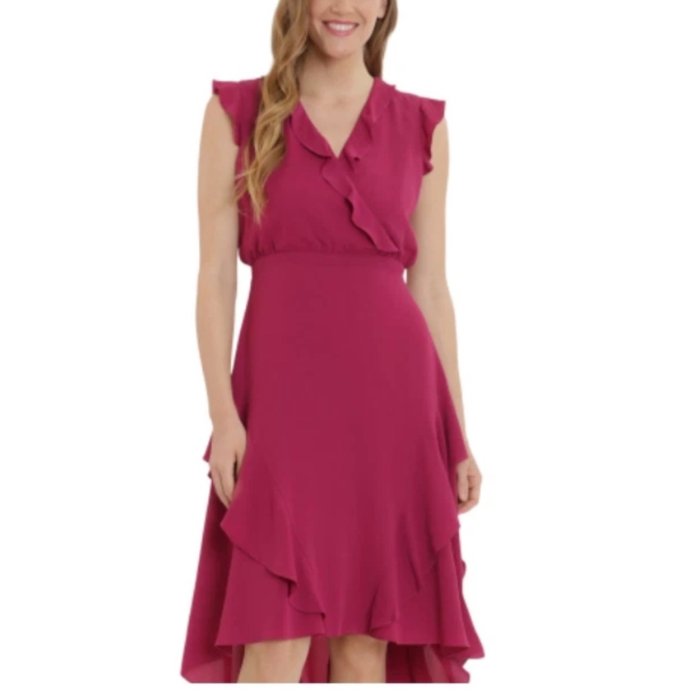London Times Fuchsia Ruffle High-Low Dress - Picture 5 of 7